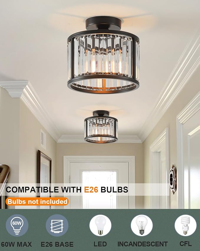 Black Flush Mount Ceiling Light, 2- Light Caged Crystal Chandelier, Small Drum Hallway Light fixtures Ceiling Mount (8.6 INCH Black)