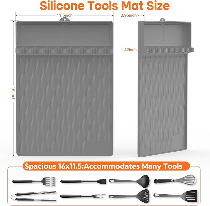 Silicone Griddle Tools Mat with Drip Pad for Blackstone – Non-Slip Spatula Rest & Side-Shelf Mat for Outdoor Grill Kitchen Counter, Heat-Resistant Grill Pad, Blackstone Griddle Accessories（Gray）