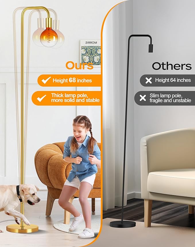 QiMH Floor Lamp for Living Room, Minimalist Industrial Standing Lamp with Clear Globe Glass LED Bulb, 2200K Warm Ambiant Lighting Decorative Modern Tall Lamp for Bedroom Office, Brushed Gold