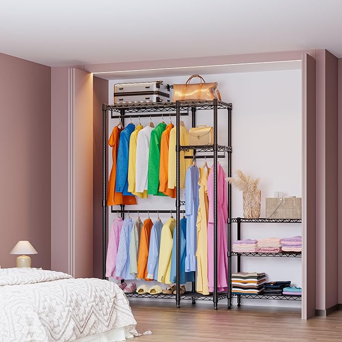 IZEUK Heavy Duty Garment Rack, Closet Organizer and Clothes Rack for Hanging Clothes with 3 Hang Rods, Freestanding Adjustable Metal Wardrobe, 15.7" D x 41.5" W x 76.5" H, Max Load 750LBS, Black