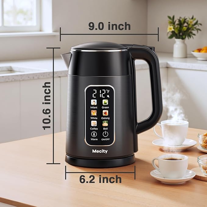 Mecity Electric Kettle 1.7L Touch Screen Temperature Control Water Boiler, No Plastic Contact with Water. 6 Preset Temperature Programs, 2 Hours Keep Warm, Dark Grey
