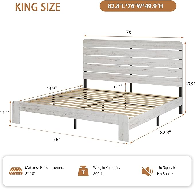 King Size Wooden Bed Frame with Headboard, Boho Platform Bedframe with Wood Slat Support, Sturdy and No Noise, Easy Assembly (Boho White, King)