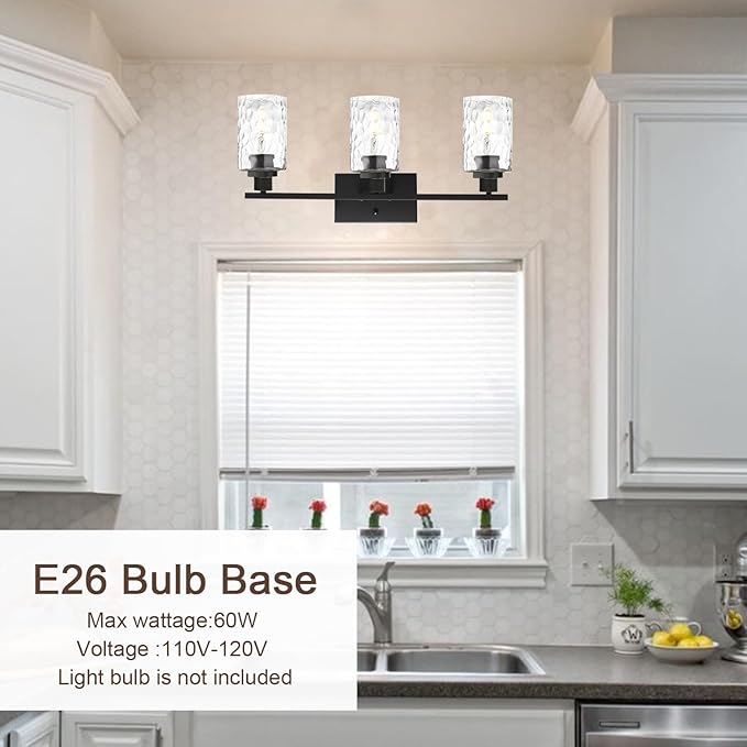 MELUCEE 3-Light Bathroom Light Fixtures, Vanity Lights Over Mirror Black Finish with Hammered Glass, Industrial Wall Light Fixture Suitable for Living Room Porch Kitchen (Patent No.: US D963914 S)