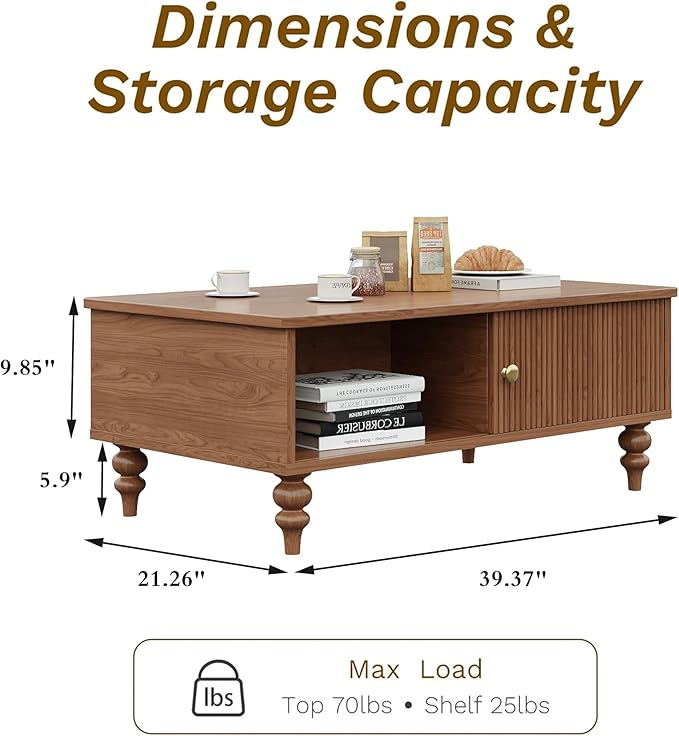 Modern Coffee Table, Mid-Century Wooden Center Table with Open Storage Shelf, Farmhouse Wooden Storage Coffee Table for Home and Office Décor, Walnut Oak