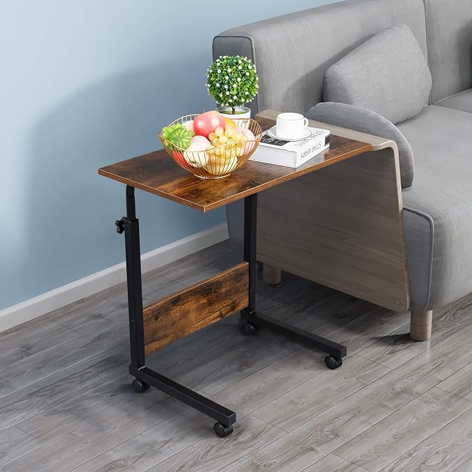Goujxcy Sofa Side Table C Shaped End Table with Wheels, Rolling Bedside Laptop Table Snack Table TV Tray, Height Adjustable, Wooden Top & Metal Frame