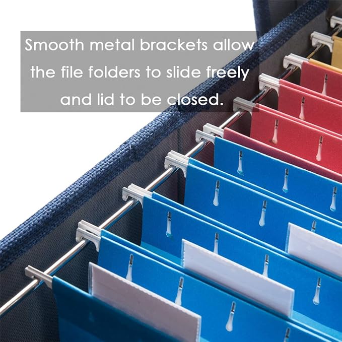 PRANDOM File Organizer Box - Set of 1 Collapsible Decorative Linen Filing Storage Hanging File Folders with Lids Office Cabinet Letter Size Navy Blue (14x9.3x10.8 inch)