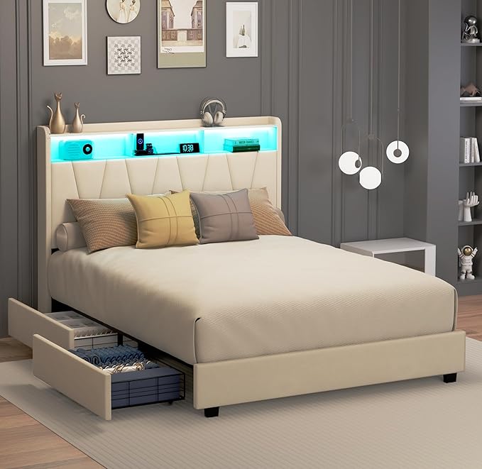 Queen Bed Frame, Velvet Upholstered LED Platform Bed with Headboard Storage, Queen Bed Built-in Charging Station with 4 Drawers, Wood Slat Support, No Box Spring Needed, Beige