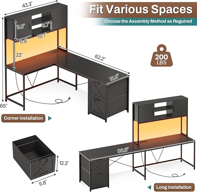 SEDETA Corner Computer Desk, Reversible L Shaped Computer Desk with Fabric Drawers and Power Outlet, Gaming Desk with Led Lights, Hutch and Storage Shelf for Home Office, Black