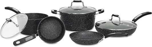 Starfrit The Rock 8PC Non-Stick Cookware set - Durable Forged Aluminum - Oven Safe - PFOA Free - Easy to Clean - Black
