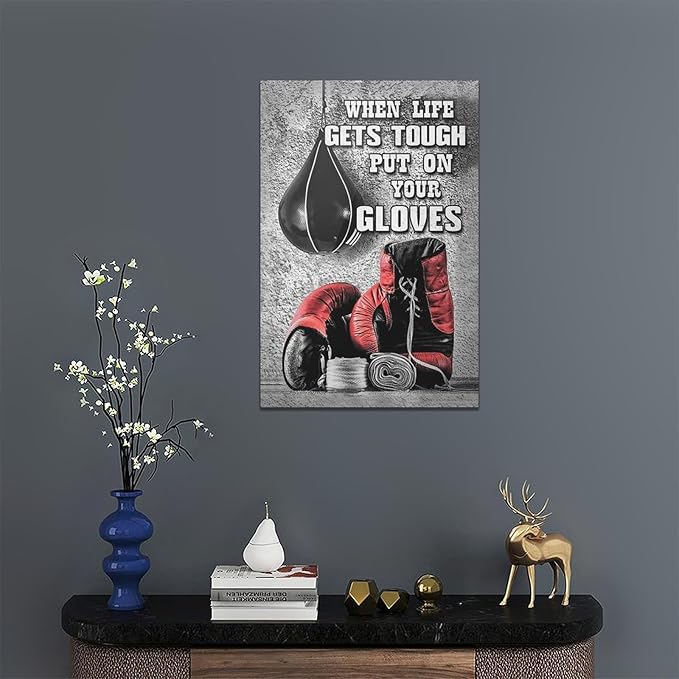 Boxing Posters Wall Art Red Boxing Gloves Pictures Wall Decor Black And White Inspirational Quotes Canvas Prints Painting Artwork Sports Canvas Home Decorations For Teen Boys Room Dorm Bedroom 16"x24"