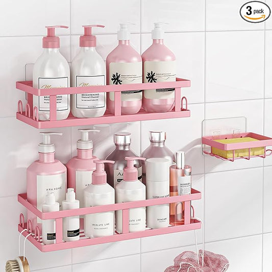 Shower Caddy Adhesive,No Drill Bathroom Organizer,Large Capacity Rustproof Shelves for Inside Shower,Bathroom Organizers and Storage,Pink