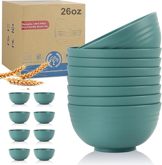 Wheat Straw Bowl Sets,8 PCS Unbreakable Cereal Bowls 26 OZ,Microwave and Dishwasher Safe Bowls,Kids Bowl suitable for cereal,salad,snack and soup (Green)