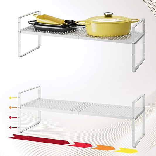Hole Pattern Expandable Shelf Organizer,2Pack 10.2" Wide Easy to Assemble Cabinet Organizer Shelf, 16.5~27.1" Adjustable Height&Stackable Spice Organization for Cupboard, White