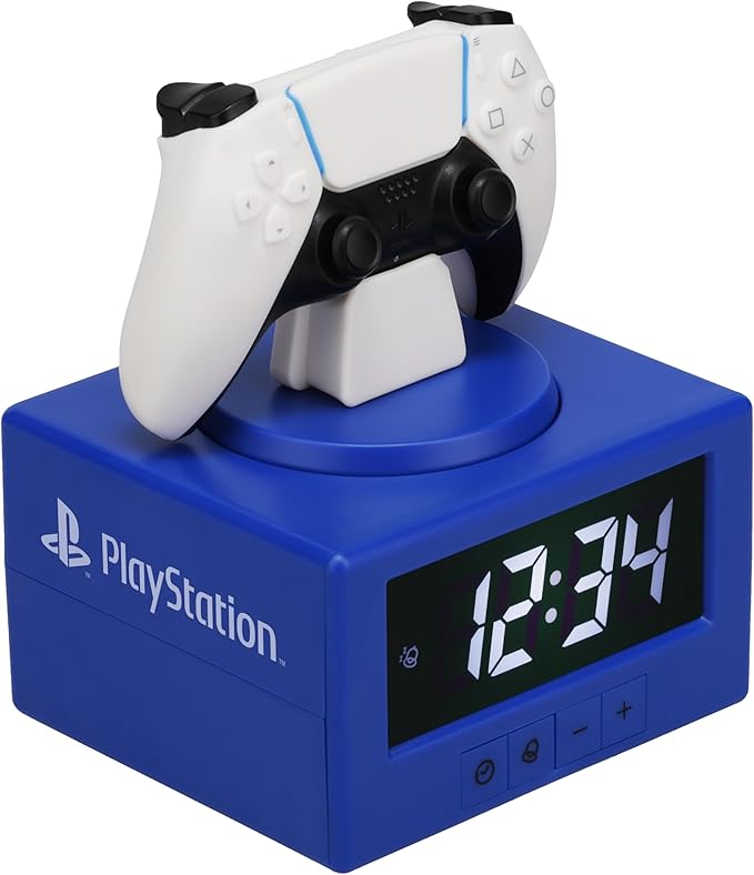 Paladone PlayStation DualSense Controller Digital Alarm Clock with Night Light Function - Officially Licensed Gaming & Bedroom Décor for Kids & Teens, White, Blue