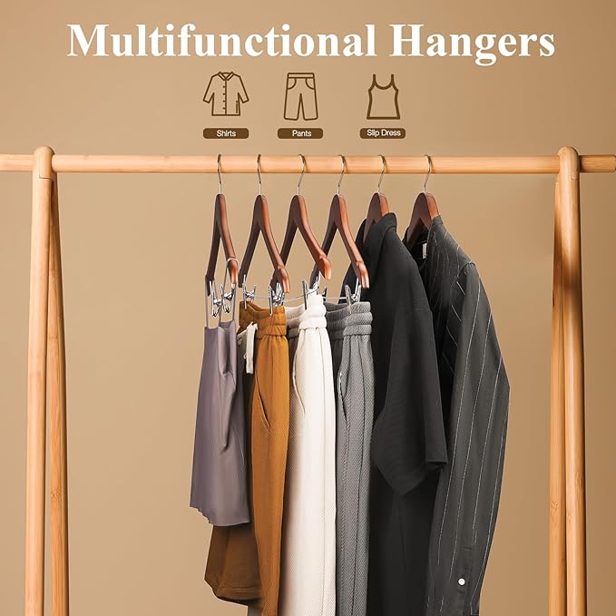 Wooden Hangers with Clips 24 Pack Wooden Pants Hangers,Skirt Hangers with Clips,Adjustable Heavy Duty Clip Hangers,Hangers for Pants,Jeans,Slacks,Shorts （Walunt）