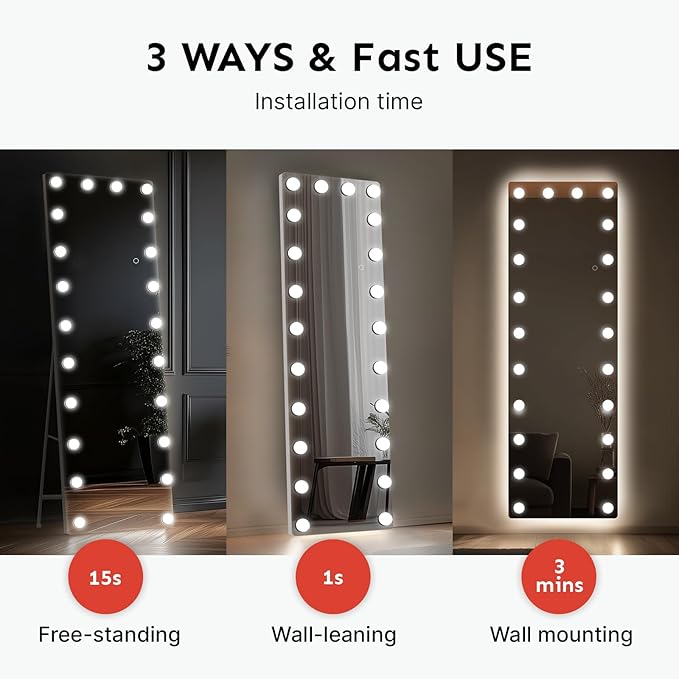 82x36 Hollywood Full Length Mirror with Light, 28 Dimmable Bulbs & 3 Color Smart Touch Control, Distortion Free, Tempered Glass & Shatter Proof Film, Safe Full Body Mirrors with Stand