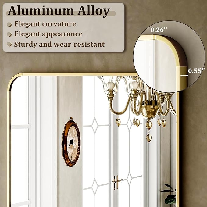 Round Corner Mirror Full Length, 66" x 23" Floor Mirror with Stand, Matte Aluminum Alloy Frame Full Body Mirror, Standing Hanging or Leaning for Bedroom and Living Room, Gold