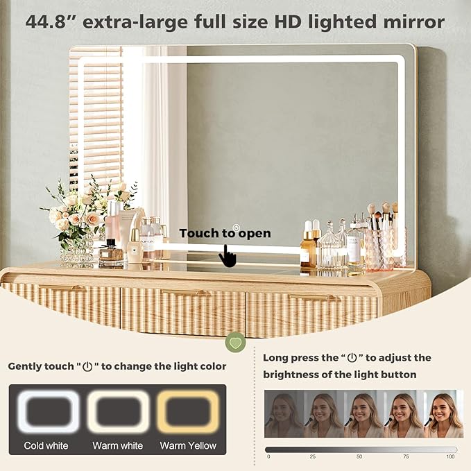 47“Makeup Vanity Desk with 44.8" Mirror and Lights, Vanity Desk with 7 Drawers, Makeup Vanity Table with a Glass Tabletop, 3 Color Modes & Adjustable Brightness Dressing Table, Bedroom,Oak