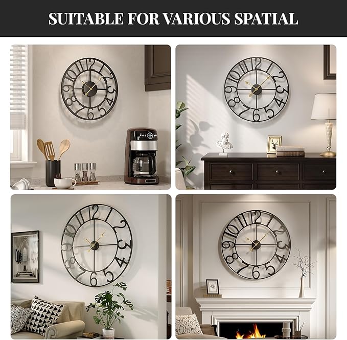 Large Wall Clock, 20 Inch Black Decorative Wall Clock for Living Room, Modern Metal Battery-Operated Arabic Numerals Round Clocks Silent Non Ticking for Kitchen Mantel Bedroom Office