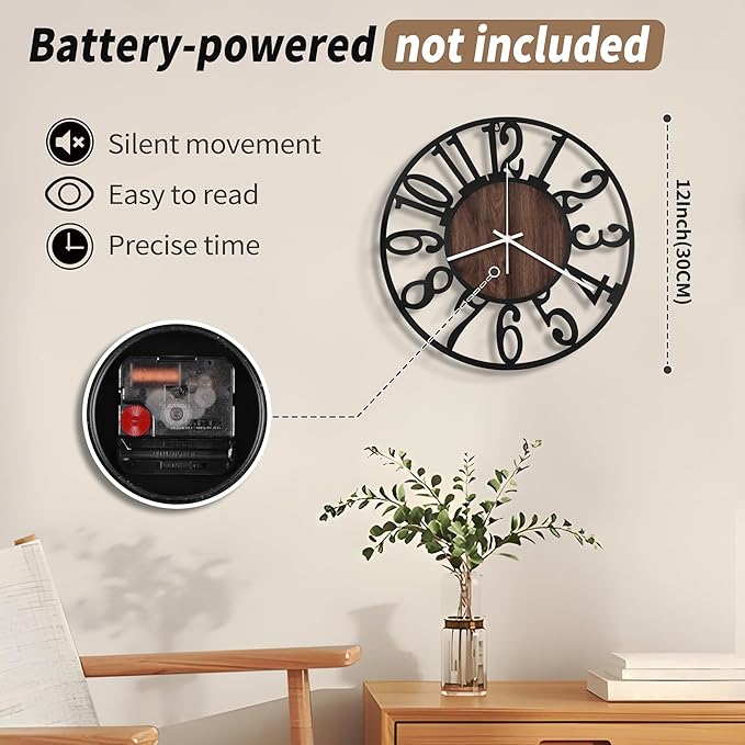 Maxstar Wall Clock Battery Operated,Silent Non-Ticking Modern Rustic Metal Round Clocks Small for Living Room/Bedroom/Office/Kitchen/Farmhouse Home Decor-12 Inch(Brown-Wood)