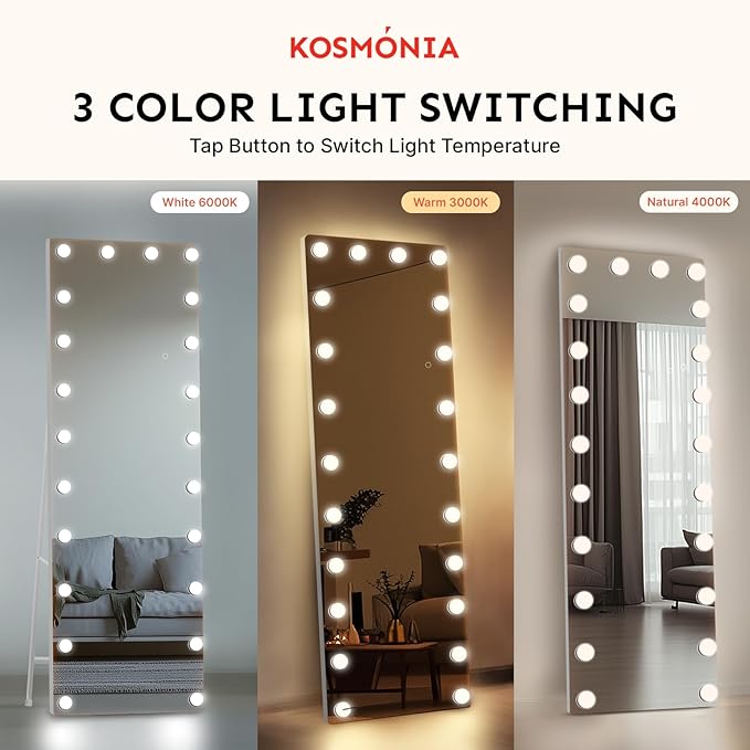 62x20 Hollywood Full Length Mirror with Light, 20 Dimmable Bulbs & 3 Color Smart Touch Control, Distortion Free, Tempered Glass & Shatter Proof Film, Safe Full Body Mirrors with Stand