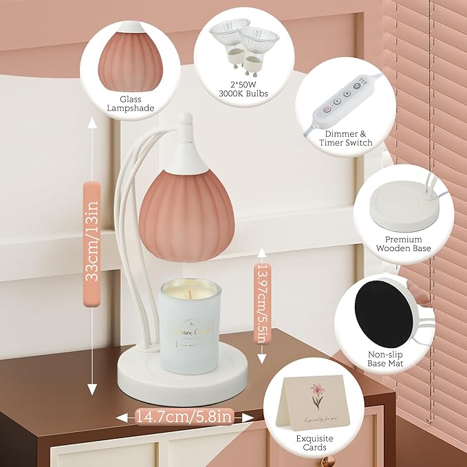Candle Warmer Lamp, Electric Candle Warmer Lamp with Timer, Dimmable Candle Lamp with 2 Bulbs, Wax Melts Warmer for Scented Jar Candles, Home Decor Room Decor, House Warming Gifts Light Pink