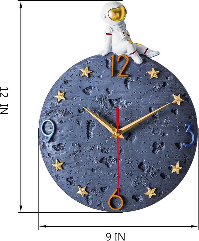 Space Theme Wall Clock, Astronaut Moon Wall Clock, 12 Inch Grey Modern Silent Clock for Kids Room Nursery Living Room Bedroom Kitchen Decor, for Children Boys and Girls Gift