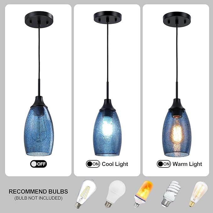 Mini Glass Pendant Light 1-Pack Handblown Clear Dark Blue Seeded Glass Shade Adjustable Cord Ceiling Light Fixture for Kitchen Island Sink 4.72"