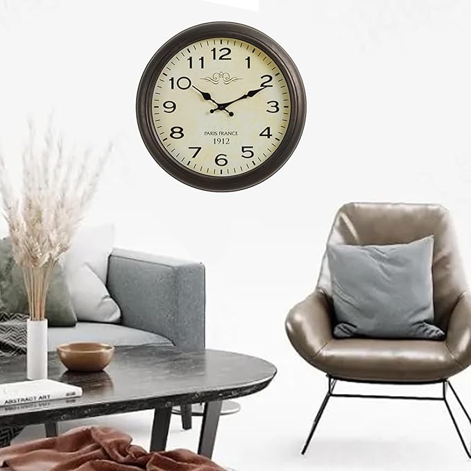 16 Inch Vintage Wall Clock, Silent Non-Ticking Quartz Battery Operated Decorative Clock for Home, Kitchen, Living Room, Dining Room, Office, Antique Brown Arabic Number