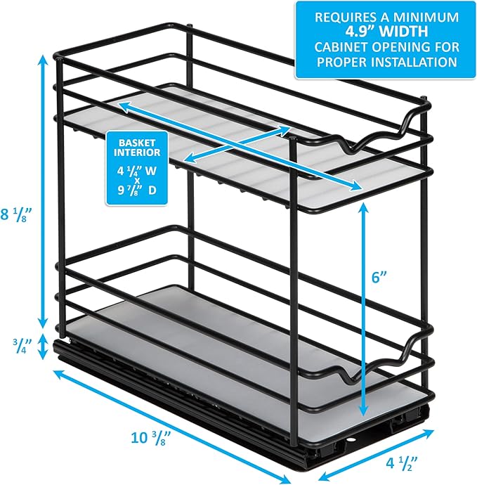 Pull Out Cabinet Organizer for Spices, Cans - Heavy Duty with Lifetime Limited Warranty- Pull Out Spice Rack- Cabinet Pull Out Shelf for Cans,Dishes, Etc, 4-1/2"Wx10-3/8"Dx8-7/8"H, Black