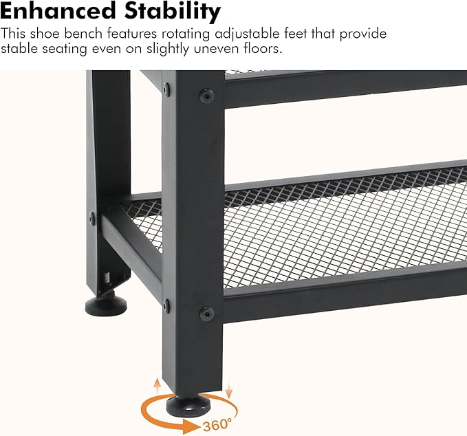 Apicizon 35.5" Shoe Rack Bench, 3-Tier Entryway Bench, with Leather Seat and Metal Frame, Loads 300 lb, Suitable for Living Room, Hallway, Mudroom, Doorway, Rustic Brown