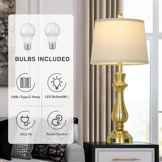 Modern Gold Table Lamps Set of 2 for Living Room,30" Tall Bedside Lamp with USB Charging Port,3-Way Dimmable Touch Nightstand Lamp for Bedroom Desk Side Table Office,Gold