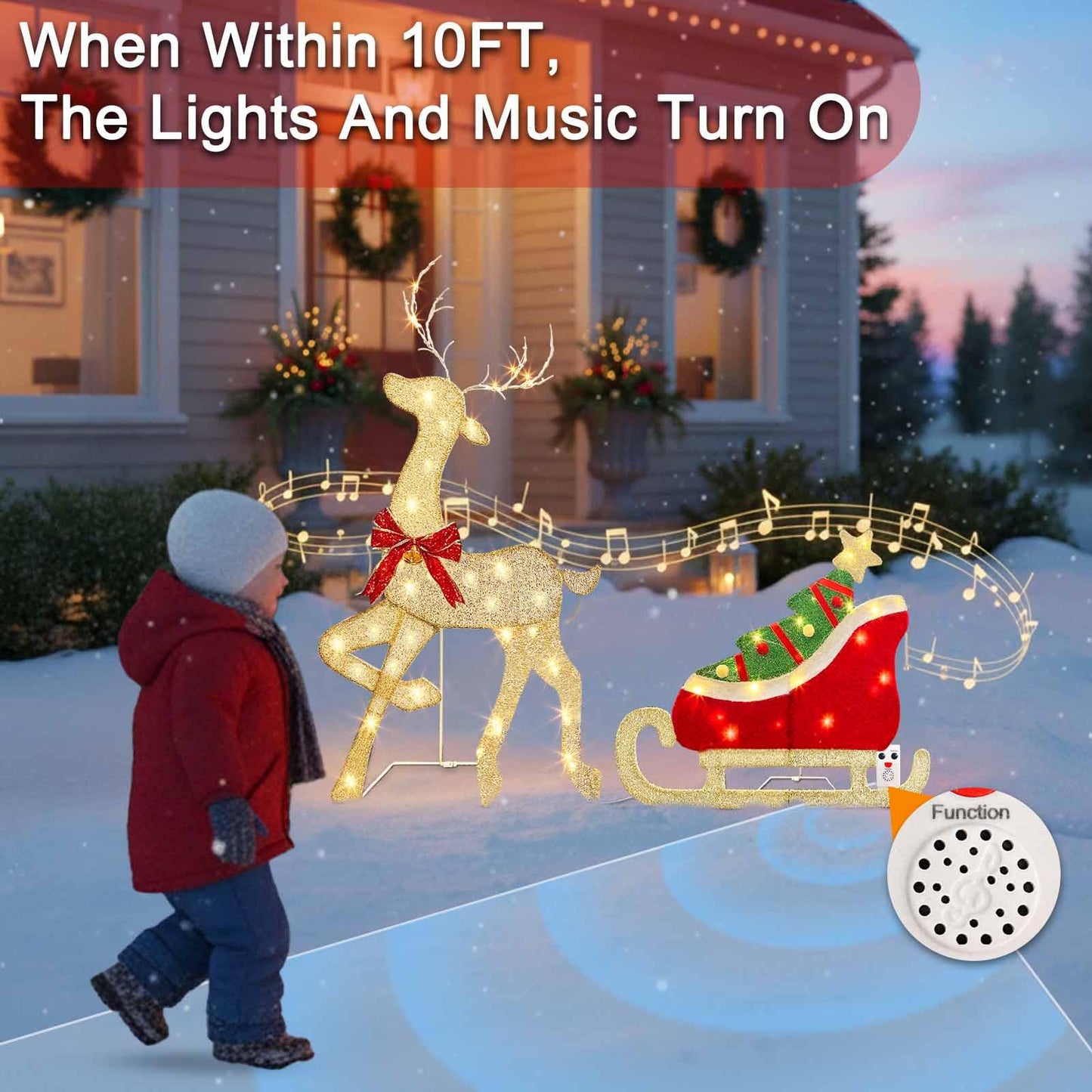 EAMBRITE Christmas Decorations Outdoor, 42 Inch Christmas Reindeer & Sled with 117 Warm White Lights, Motion Sensor 2D Music Lighted Deer Christmas Decor for Xmas Tree Lawn Porch Garden