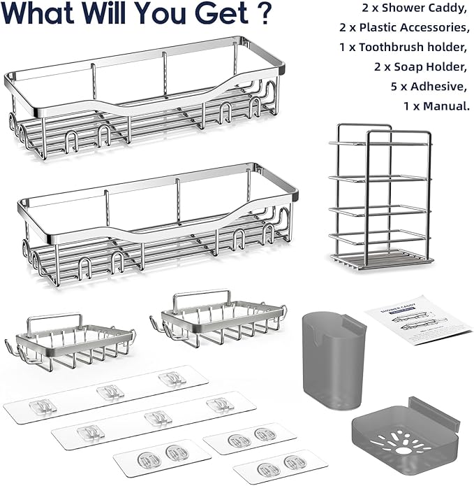 Shower Caddy Adhesive Shower Organizer 7-Pack, Rustproof Stainless Steel Bathroom Shelves, Large Capacity No-Drill Rack Storage Accessories with Soap Dish Toothbrush Holder Hooks (Silver)