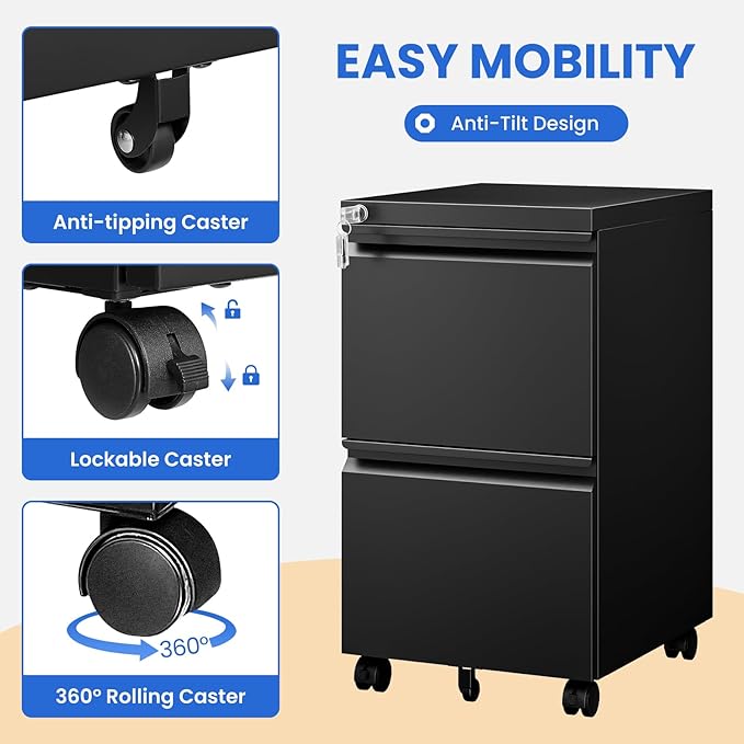 MIIIKO 2 Drawer File Cabinet on Wheels, Home Office Mobile File Drawers Under Desk, Filing Cabinets with Drawers for Legal/Letter/A4 File Folders(Black),Un-Assembled