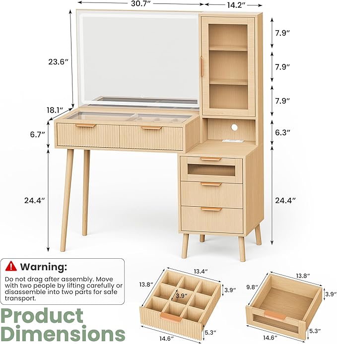 Fluted Makeup Vanity Desk with Mirror and Lights, 5 Drawers Glass Top Makeup Vanity with 4 Storage and 9-Grid Organizer, 3 Color Ribbed Glass Dressing Table with Charging Station, Natural Oak