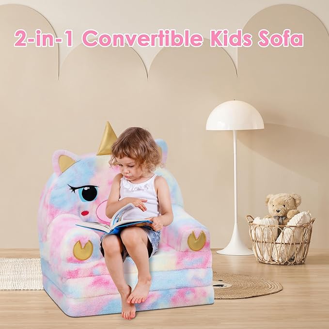 Kids Couch Comfy Foldable Kids Sofa to Lounger 2 in 1 Toddler Chair Plush Baby Sleeper Chair for Playing and Napping, Birthday Gifts for Boys and Girls