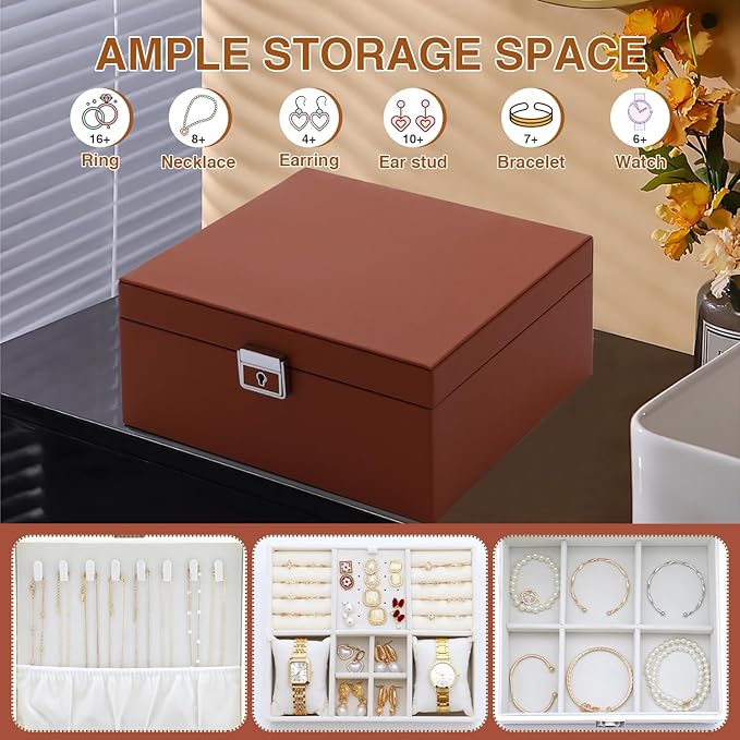 Jewelry Organizer Box for Women,Large Genuine Leather Jewelry Organizers and Storage with Earring Holder Organizer Removable Velvet Jewelry Tray,Christmas Gifts for Mom,Orange