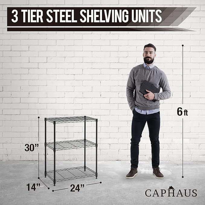 CAPHAUS 3/4/5-Tier Adjustable Height Wire Shelving Unit, Metal Steel Storage Shelve, Rack Shelving, Garage Shelving Storage Organizer, Utility Storage Shelf, 3-Tier Without Wheels, Black