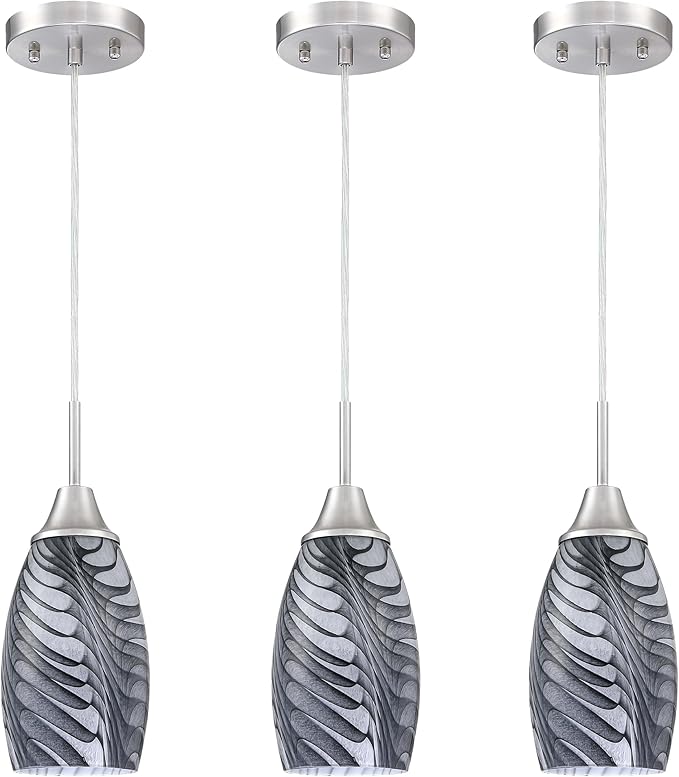Mini Glass Pendant Light 4.72" with Handblown Black Gray Marble Art Glass Hanging Light 3-Pack Oval Ceiling Hanging Light Fixture for Dining Room Kitchen Island Cafe Foyer Hallway