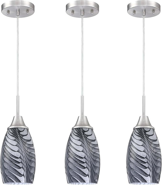 Mini Glass Pendant Light 4.72" with Handblown Black Gray Marble Art Glass Hanging Light 3-Pack Oval Ceiling Hanging Light Fixture for Dining Room Kitchen Island Cafe Foyer Hallway