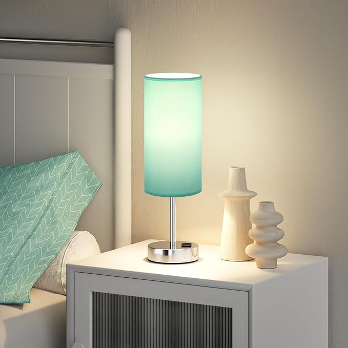 Teal Touch Bedside Lamps for Bedroom - Small Coastal Nightstand Lamp with USB-C and USB A Charging Ports, 3 Way Dimmable Control Table Lamp for Office, Dorm with Fabric Shade Silver Base
