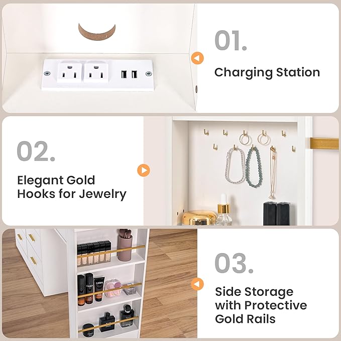 Pamapic 67" Vanity Desk with Mirror and Lights, Golden Handles 15 Storage Dresser with Mirror, 8 Drawers Makeup Vanity with Upgraded Silent Slides, Adjustable Width Corner Vanity Gift