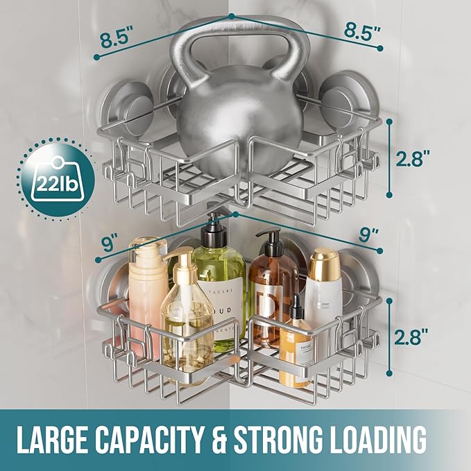 TAILI Corner-adaptive Suction Cup Shower Caddy 2 Pack, Stainless Steel Rustproof Corner Shower Shelves, Drill-Free Wall Mounted Baskets, Large Capacity, Removable Suction Cup Bathroom Organizer, Gray