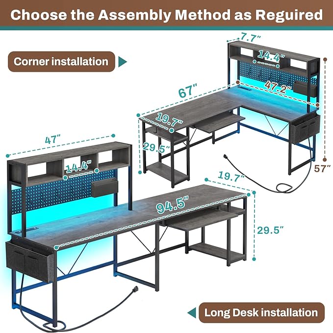 SEDETA L Shaped Desk, 94.5 Inch Home Office Desk with Power Outlet & Pegboard, L Shaped Gaming Desk with LED Light, Keyboard Tray, Storage Shelves and Headphone Hook for Home Office, Grey