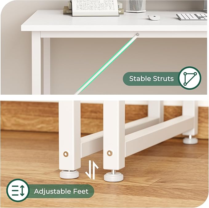 Huuger Computer Desk, 55 Inch Home Office Desk, Gaming Writing Work from Home Study Desk, Large Legroom, Sturdy Metal Frame, Modern Simple, White
