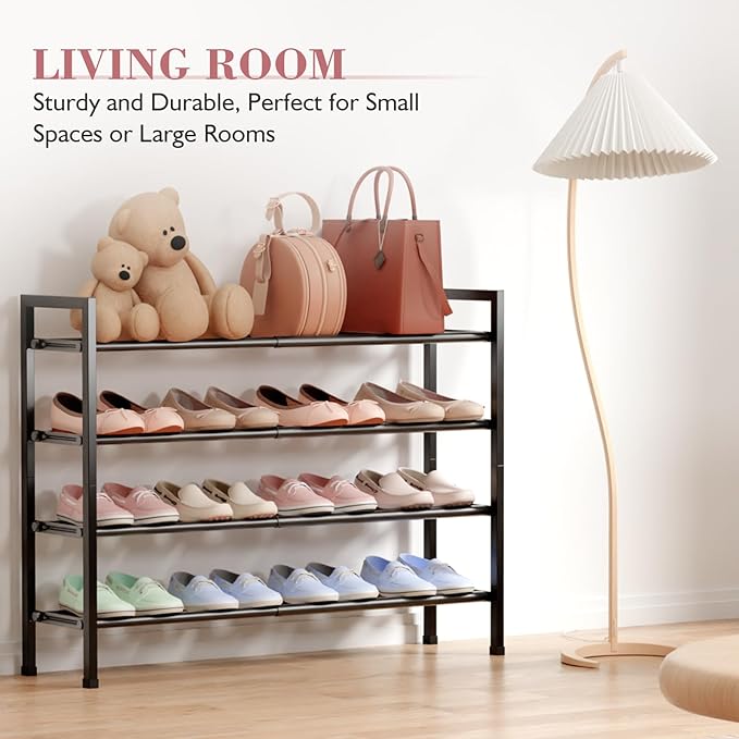 Bumusty 4-Tier Expandable Shoe Rack for Closet, 18“-33” Adjustable Shoe Rack for Small Space, Small Shoe Organizer for Front Door, Sturdy Metal, Black