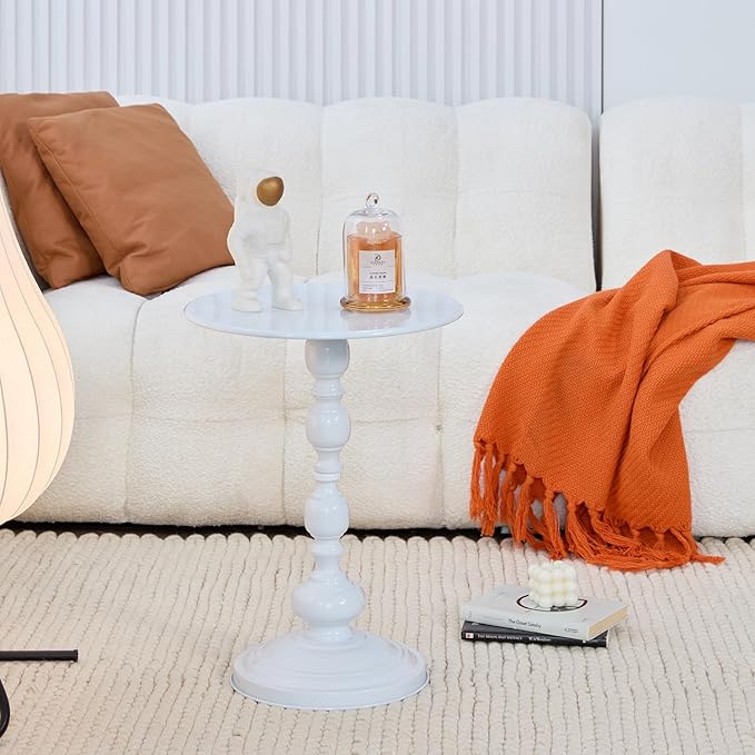 Elegant Vintage Round Side Table with Roman Columns - Sturdy Metal Design, Perfect as a Coffee, End, Tea, or Leisure Table for Living Room and Bedroom Decor, (White 1 Pack)