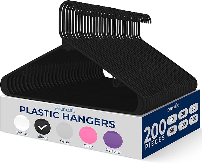 SereneLife 200 Pack Plastic Hangers, Non-Slip, Space-Saving Closet Organizers, Durable and Strong for Shirts, Sweaters, Hoodies, Kids Clothes & Dresses, Ultra-Thin, Lightweight