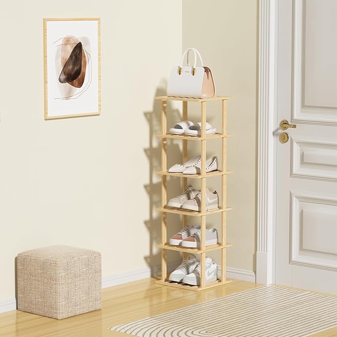 6-Tier Bamboo Shoe Rack - Vertical Shoe Rack for Small Spaces, Tall Narrow Shoe Rack Organizer for Closet Entryway Corner Garage and Bedroom,Free Stackable DIY，Primary Colours
